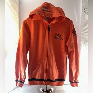 Harley Davidson Orange/Black Zip Up Hoodie Sweatshirt. Bling Logo. Womens Large